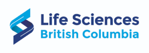 Logo de Life Sciences British Columbia avec du texte bleu et une illustration stylisée de formes bleues entrelacées.