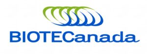 Logo for BIOTECanada, featuring blue text and a design of interlocking green and blue loops above the text.